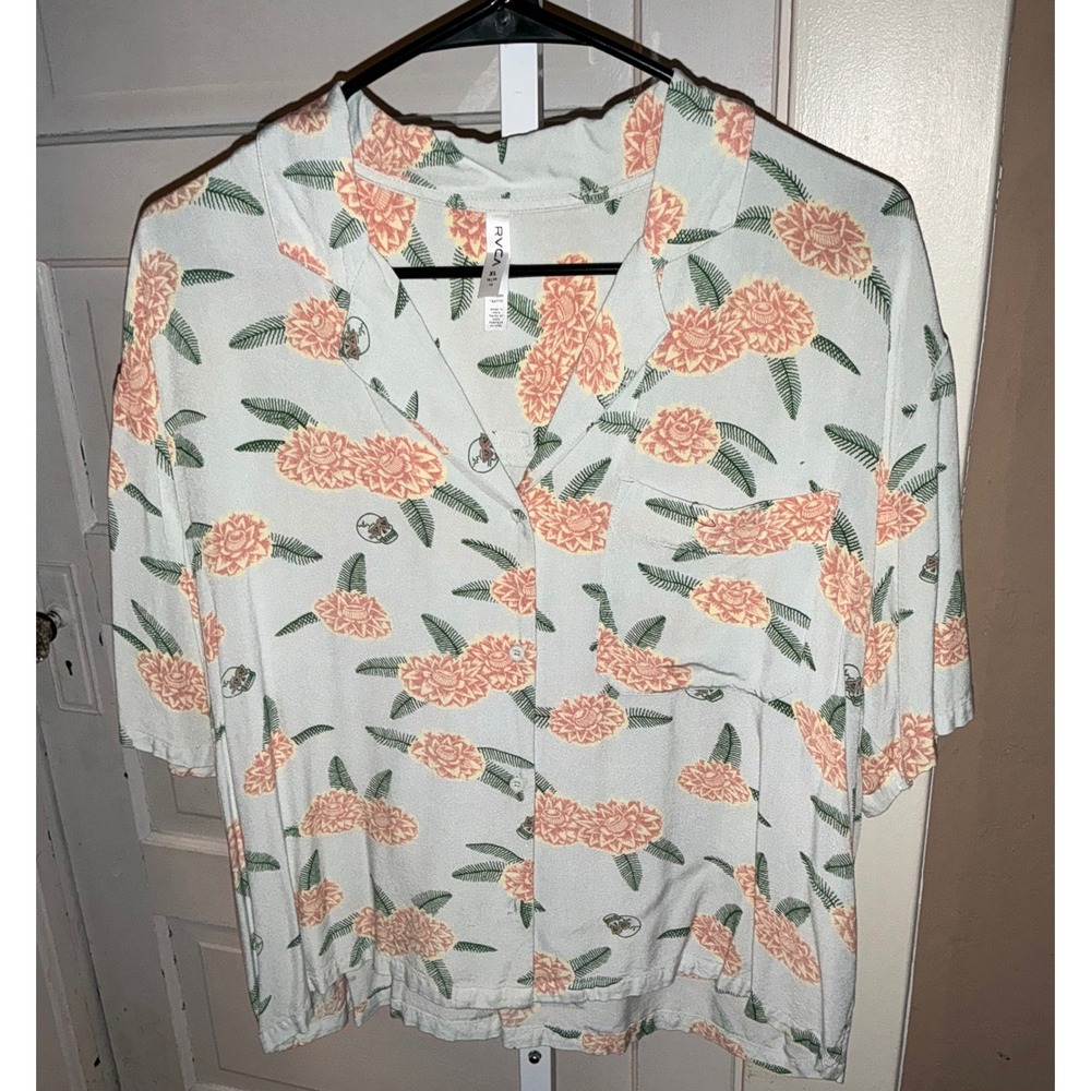 RVCA Floral Skull Button Up Shirt XL Mint Green Short Sleeve Boxy Fit Top